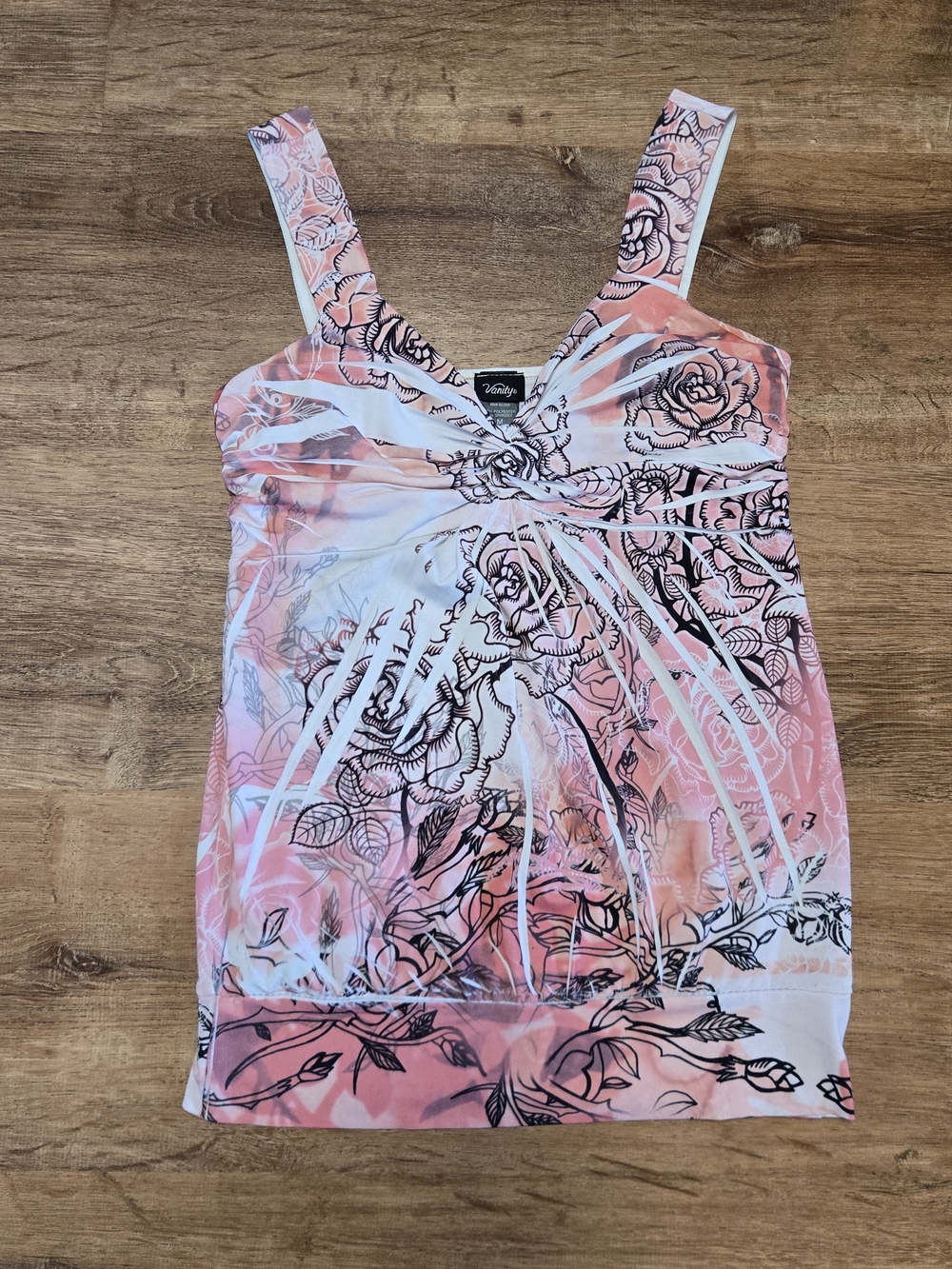 Y2K Vanity Pink Floral Twist-Front Tank Top Size Medium Made In USA